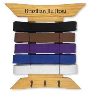 Brazilian Jiu Jitsu Belt Display | BJJ Wood Belt Rack, 5 Belts + Medals Hanger